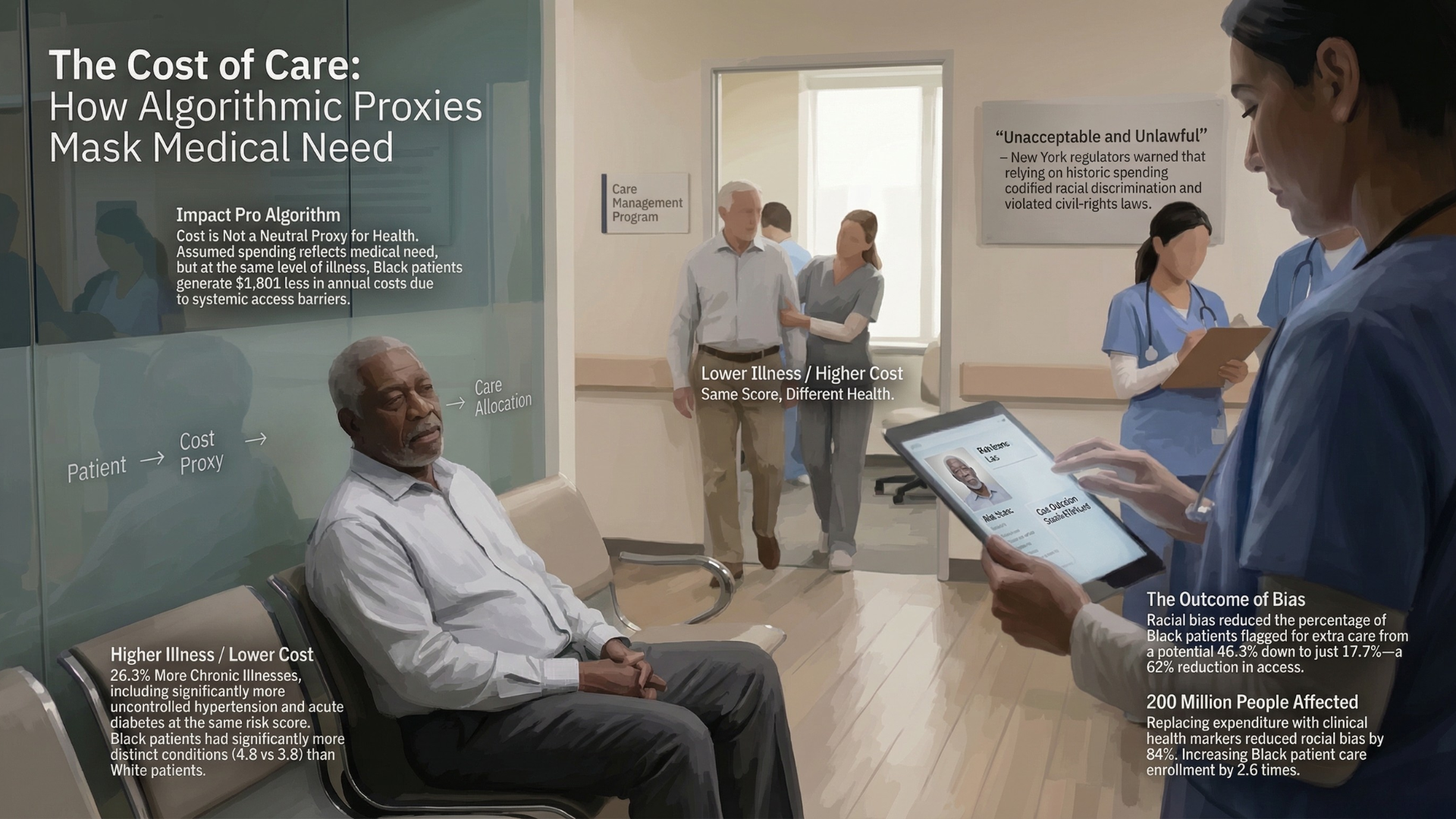 Infographic summarizing the Optum healthcare algorithm bias against Black patients